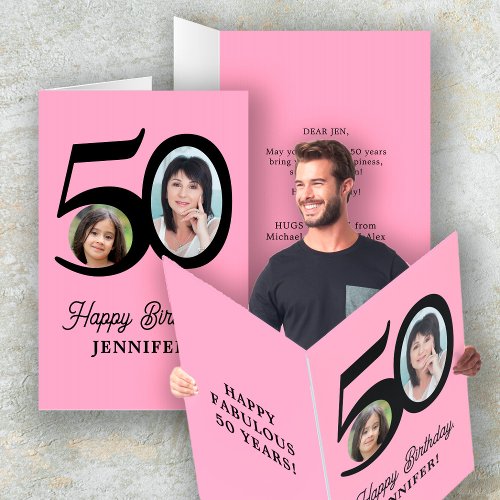 50th Happy Birthday photo pink black extra large Card