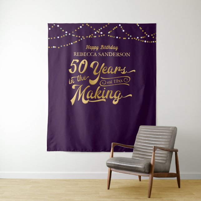 50th Happy Birthday Purple and Gold Photo Backdrop (In Situ)