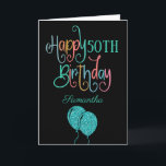 50th Happy Birthday Stylish Text Name Colorful Card<br><div class="desc">Wish a happy 50th in modern and colorful style! Happy Birthday is set in an artsy typography in shades of teal, pink, blue, coral and orange, on a classic black background. The age and your recipient’s name are in a cordinating typeface. You can change the greeting inside to your own...</div>