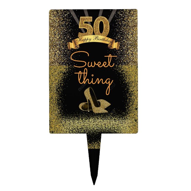 50th Happy Birthday Sweet Thing Gold Stilettos Cak Cake Topper (Front)