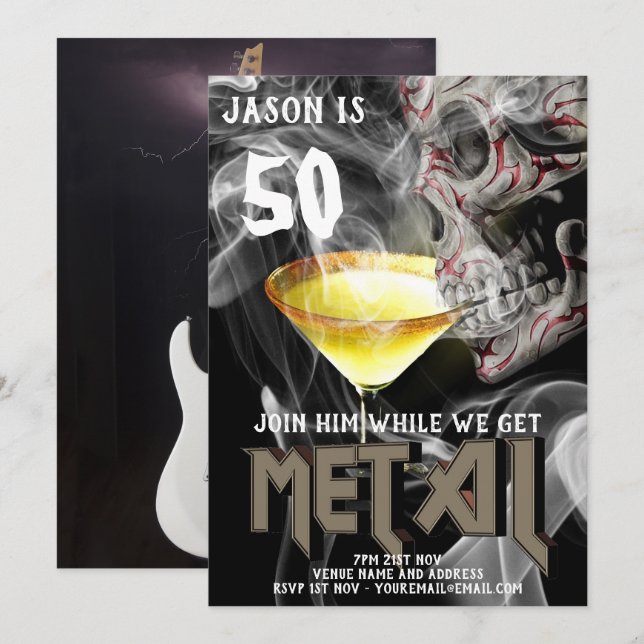 50th Heavy Metal Birthday Invite Guitar GOTH (Front/Back)