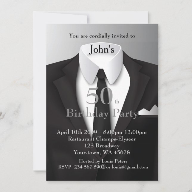 50th,Invitation Man, any age,tuxedo,suit,tie,black Invitation (Front)