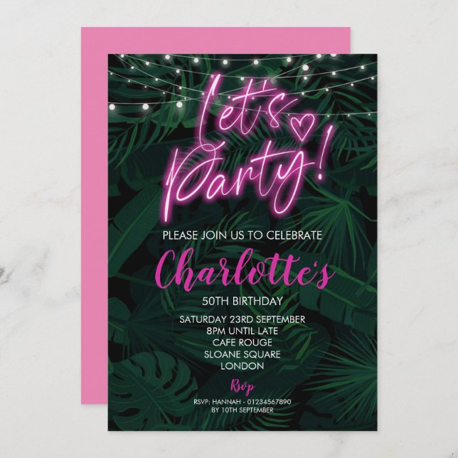 50th Invite pink neon black birthday Invitation (Front/Back)
