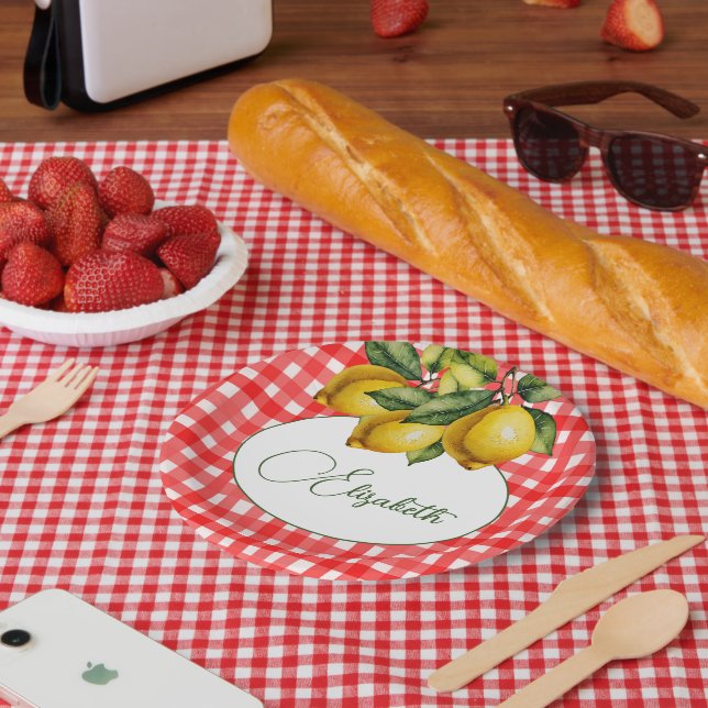 50th Italian Lemon Botanical Red White Pattern Paper Plates (Picnic)