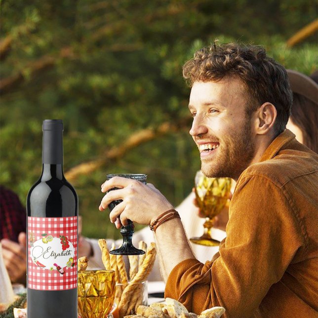 50th Italian Lemon Botanical Red White Pattern Wine Label (Creator Uploaded)