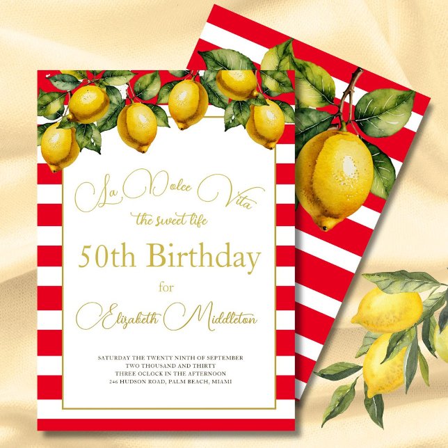 50th Italian Lemon Botanical Red White Stripe  Invitation (Creator Uploaded)