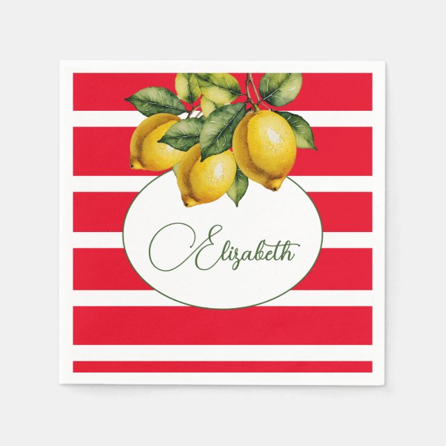 50th Italian Lemon Botanical Red White Stripe  Napkins (Front)