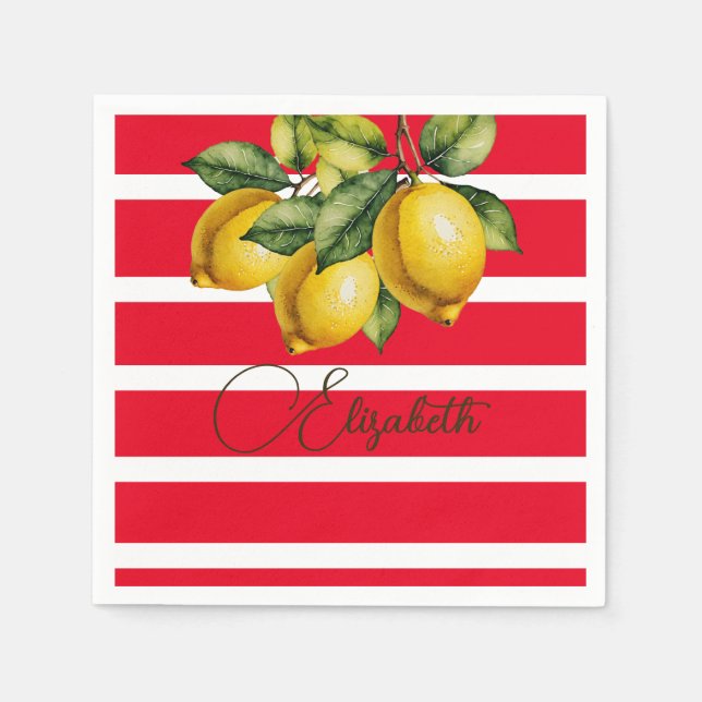 50th Italian Lemon Botanical Red White Stripe  Napkins (Front)