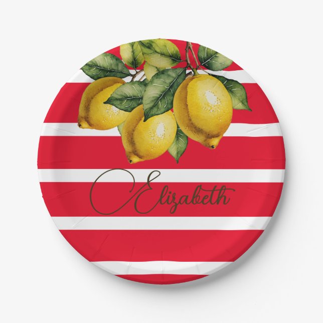 50th Italian Lemon Botanical Red White Stripe  Paper Plates (Front)