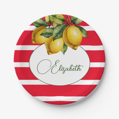 50th Italian Lemon Botanical Red White Stripe  Paper Plates