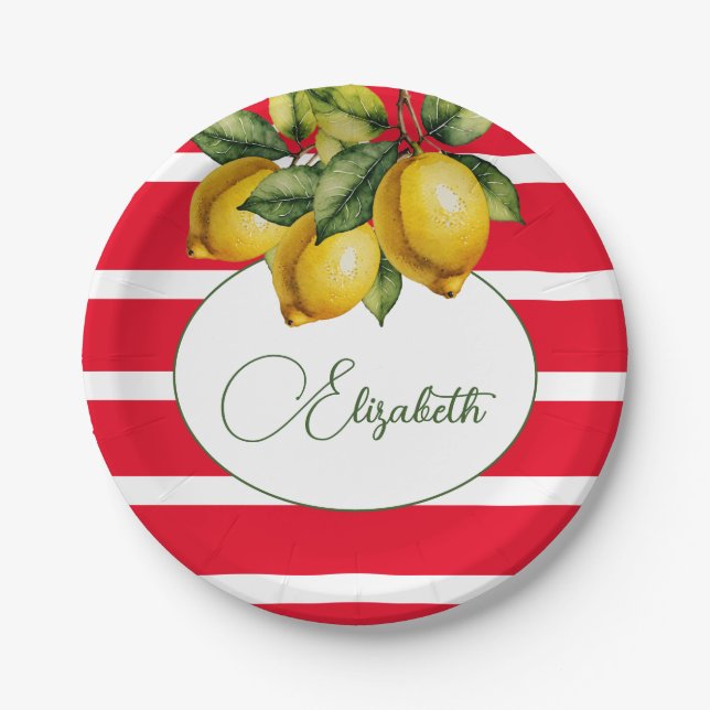 50th Italian Lemon Botanical Red White Stripe  Paper Plates (Front)
