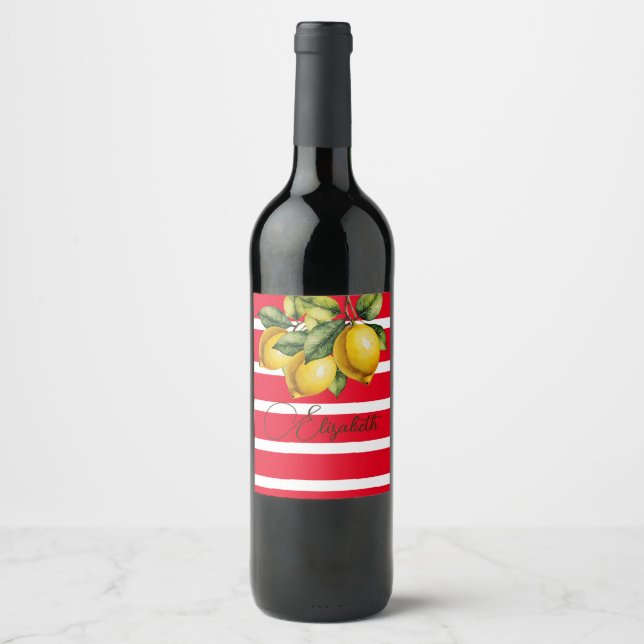 50th Italian Lemon Botanical Red White Stripe  Wine Label (Front)