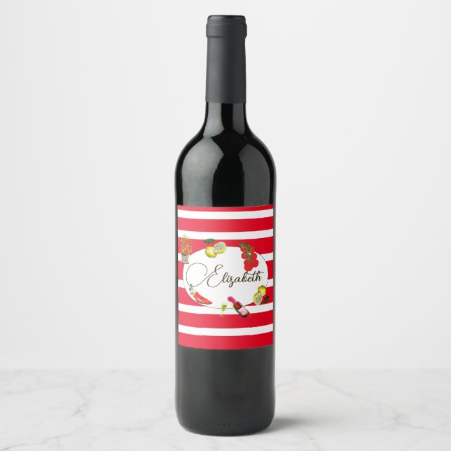 50th Italian Lemon Botanical Red White Stripe  Wine Label (Front)