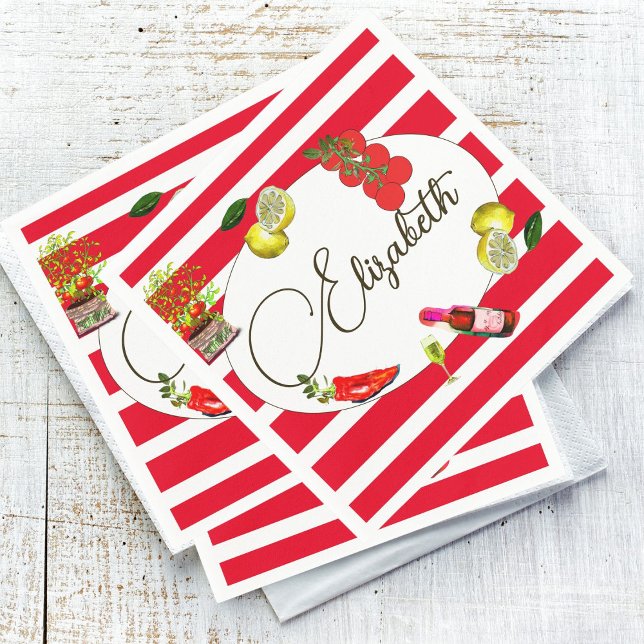 50th Italian Lemon Mediterranean Red White Stripe  Napkins (Creator Uploaded)