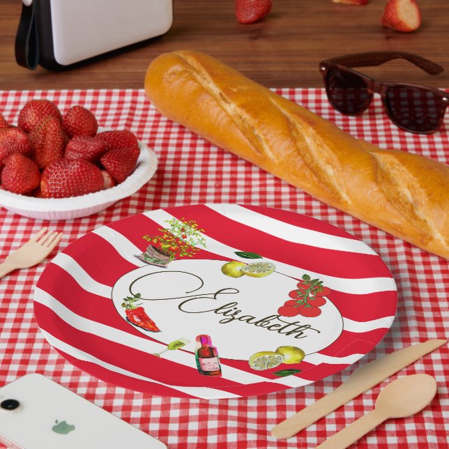 50th Italian Lemon Mediterranean Red White Stripe  Paper Plates (Picnic)