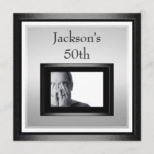 50th Male Birthday White Silver Black Photo Invitation
