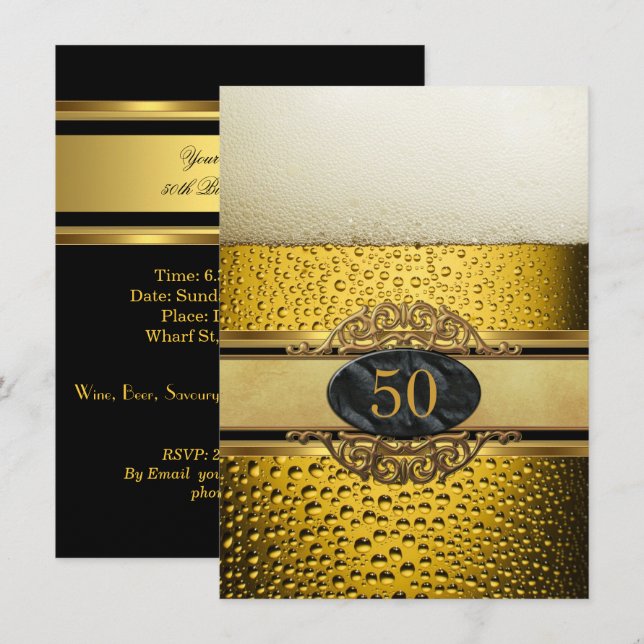 50th Mans Beer Black Gold Birthday Party Invitation (Front/Back)