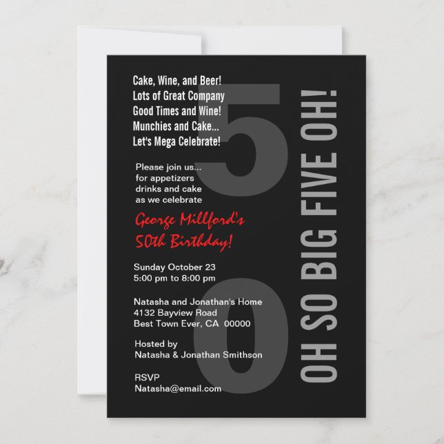 50th Modern Birthday Black White Red FIVE OH! W815 Invitation (Front)