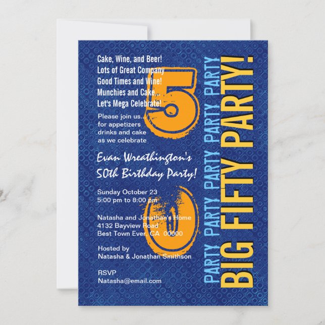 50th Modern Birthday Blue and Gold Grunge Invitation (Front)