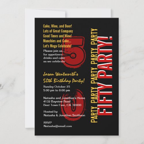 50th Modern Birthday Red Gold Black Grunge Personalized Announcement