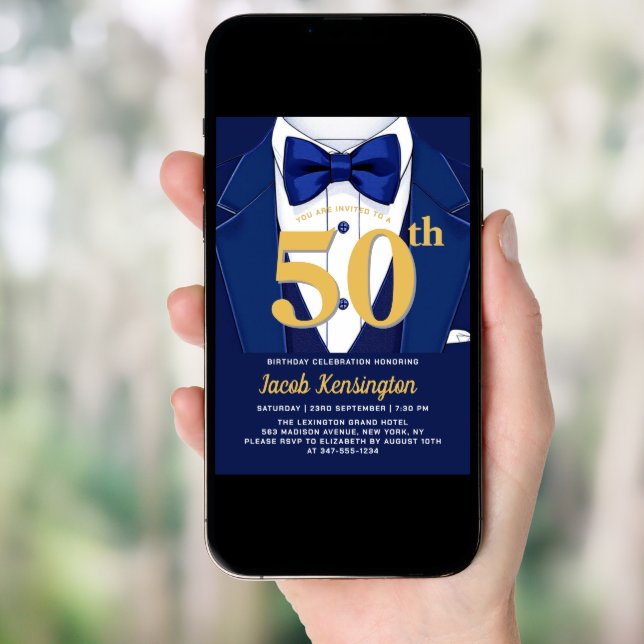 50th Navy Blue and Gold Tuxedo Birthday Event Invitation (Front Digital)