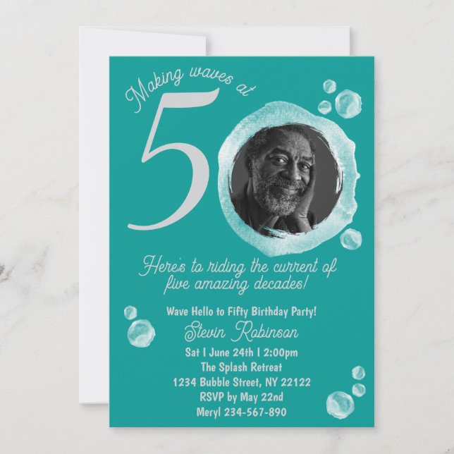 50th Ocean Teal Bubbles Birthday Party Invitation (Front)