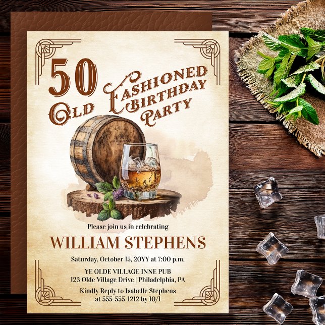 50th Old Fashioned Whiskey Barrel Birthday Party  Invitation (Old Fashioned 50th Birthday Party Whiskey Barrel Theme Invitation)