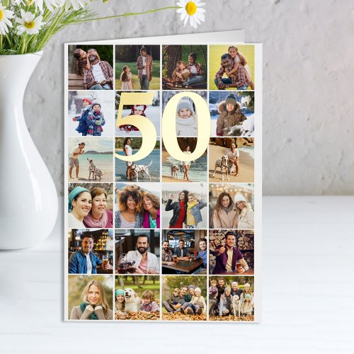 50th or Any Age Birthday 24 Photo Collage Gold Foil Greeting Card