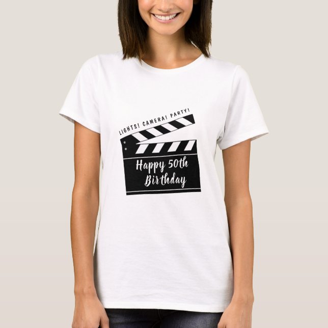 50th or Any Birthday Movie Theme Black White Party T-Shirt (Front)