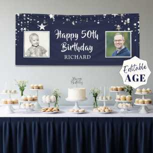 50th or Any Birthday Navy Blue Stars 2 Photos Banner