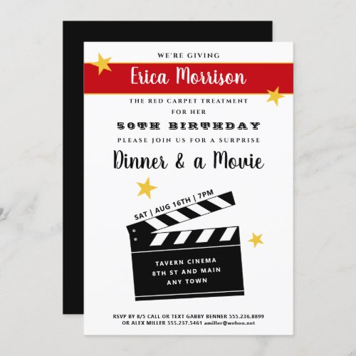 50th or Any Birthday Surprise Dinner  Movie Party Invitation