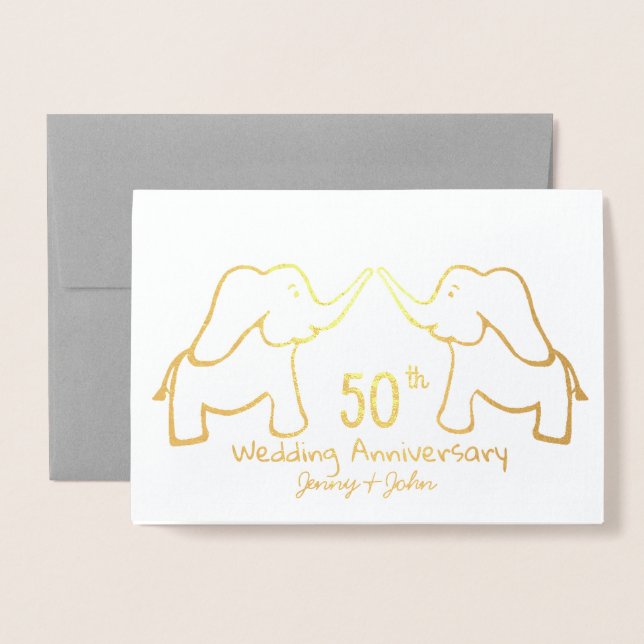 50th or any Golden Wedding Anniversary elephant Foil Card (Front With Envelope)
