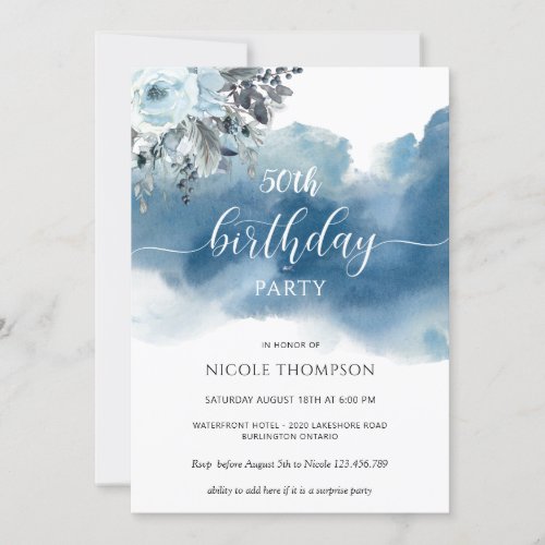 50th or other Birthday Blue Watercolor with Floral Invitation