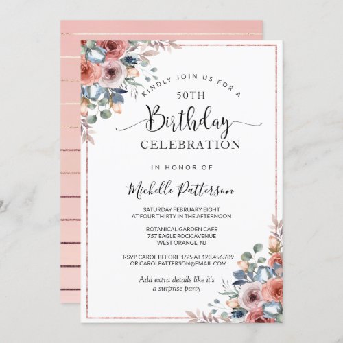 50th or other Birthday Pink Gold Blush Floral Invitation
