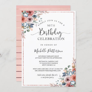 50th (or other) Birthday Pink Gold, Blush Floral Invitation