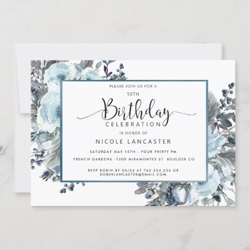 50th or other Unique Blue Floral Birthday Invitation