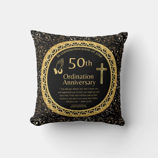 50th Ordination Anniversary Personalized BlackGold Throw Pillow (Front)