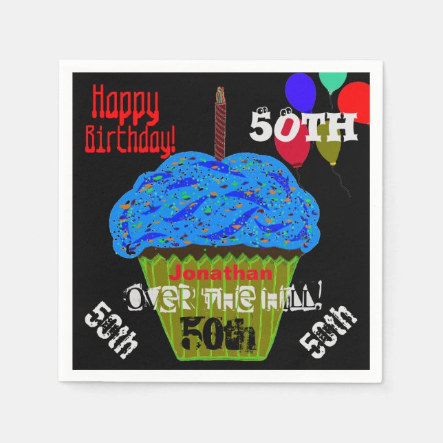 50th Over the Hill Personalized Blue Cupcake Napkins (Front)
