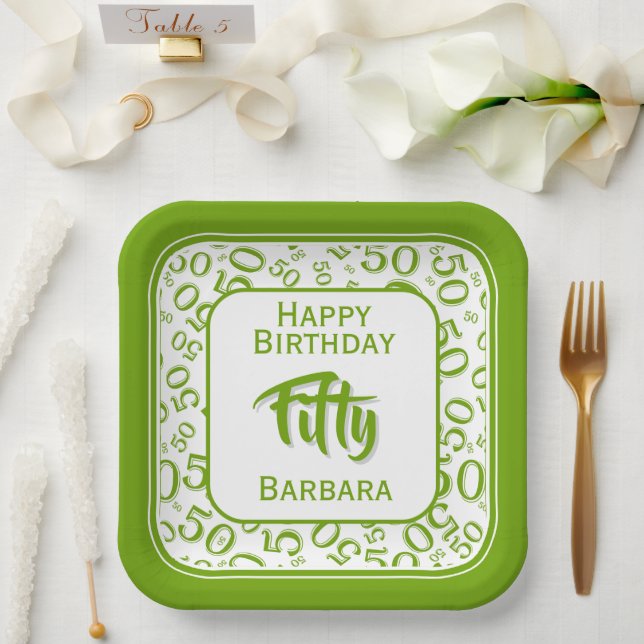 50th Party Random Number Pattern Green/White Paper Plates (Wedding)