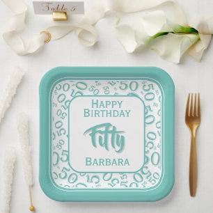 50th Party Random Number Pattern Teal/White Paper Plates