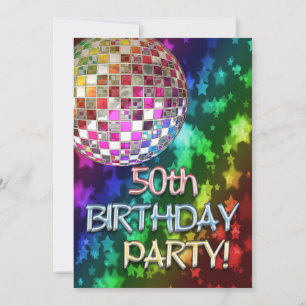 50th party with disco ball and rainbow of stars invitation