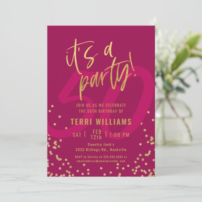 50th Pink and Gold Birthday Party Invitation (Standing Front)