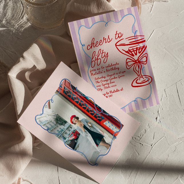 50th Pink Colorful Champagne Fifty Photo Birthday Invitation (Creator Uploaded)