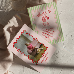 50th Pink Drawn Colorful Stripes Photo Birthday Invitation