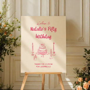 50th Pink Hand Drawn Cake Birthday Fun Welcome Foam Board