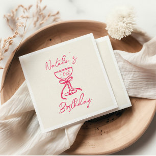 50th Pink Hand Drawn Champagne Bow Glass Birthday Napkins