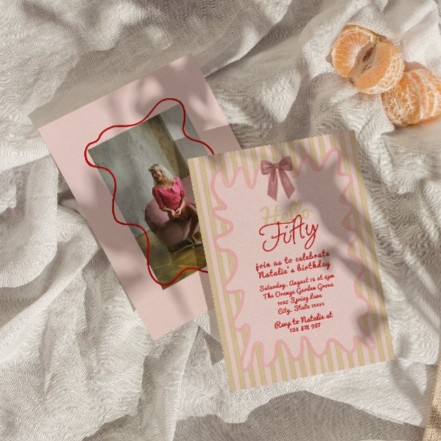 50th Pink Hand Painted Bow Fifty Photo Birthday Invitation (Creator Uploaded)