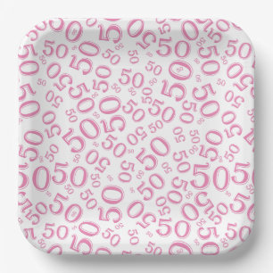 50th Pink/White Random Number Pattern Paper Plate