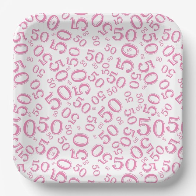 50th Pink/White  Random Number Pattern Paper Plate (Front)