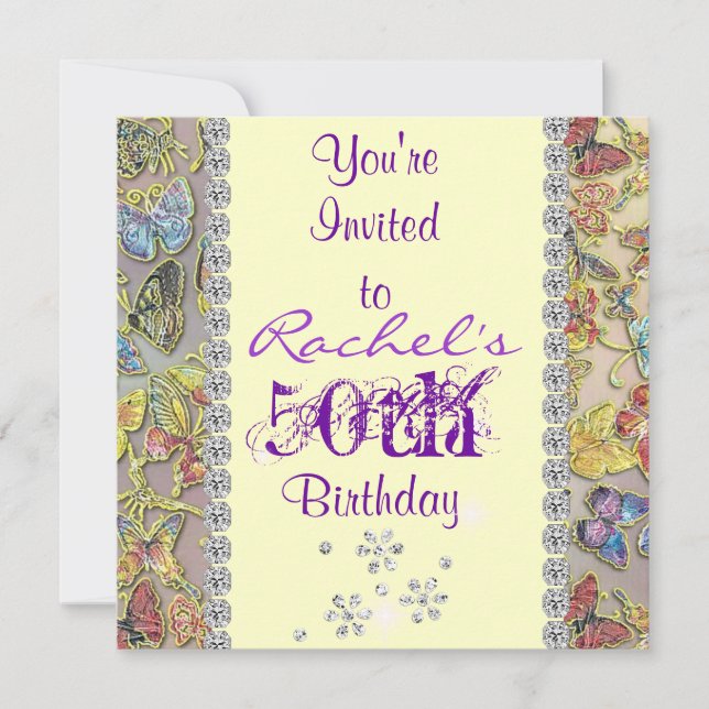50TH PURPLE BUTTERFLY Birthday Invitation BLING (Front)